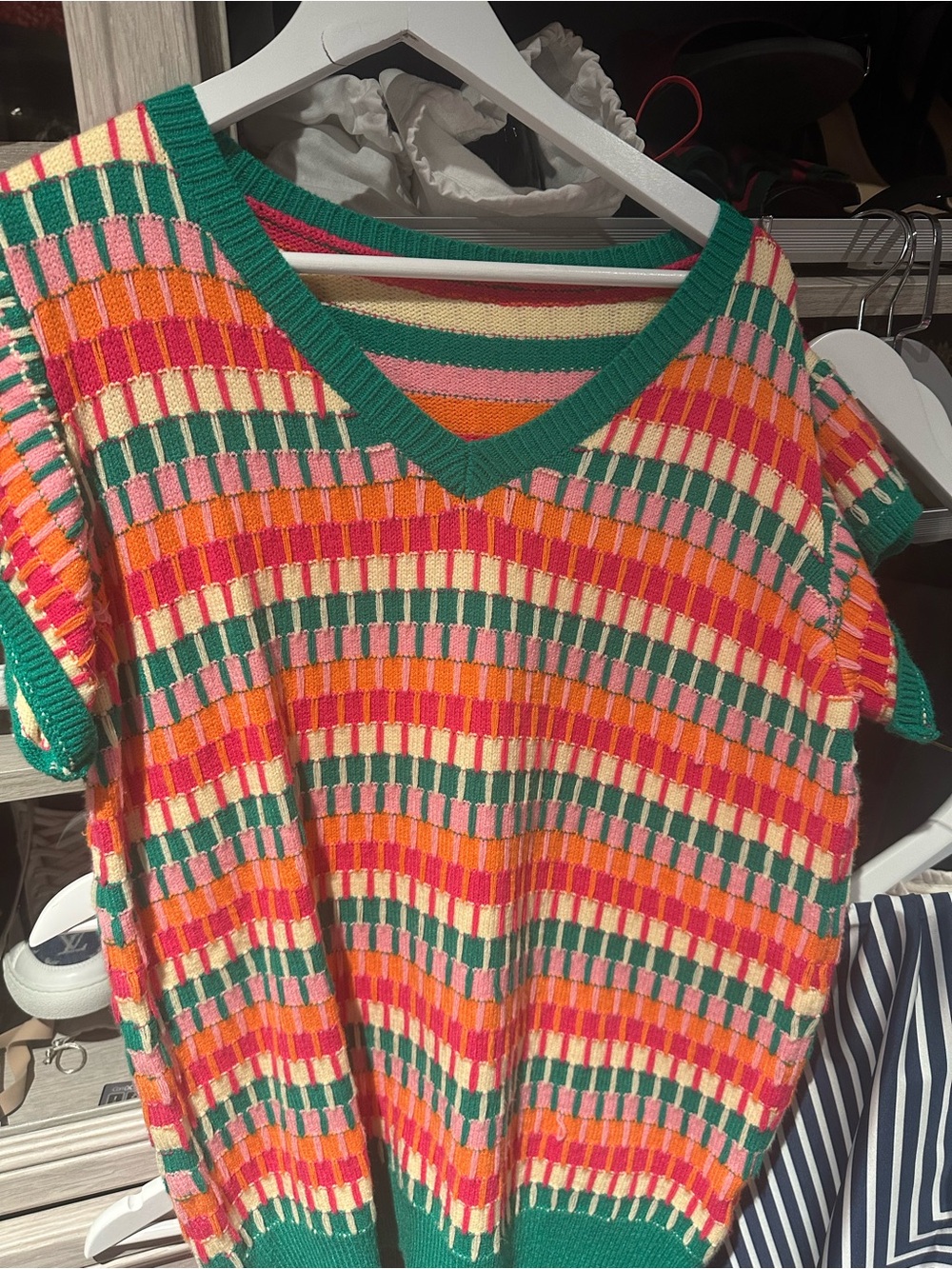 Vivid Striped Knit V-Neck Sweater Vest in Green, Orange, Pink, Cream